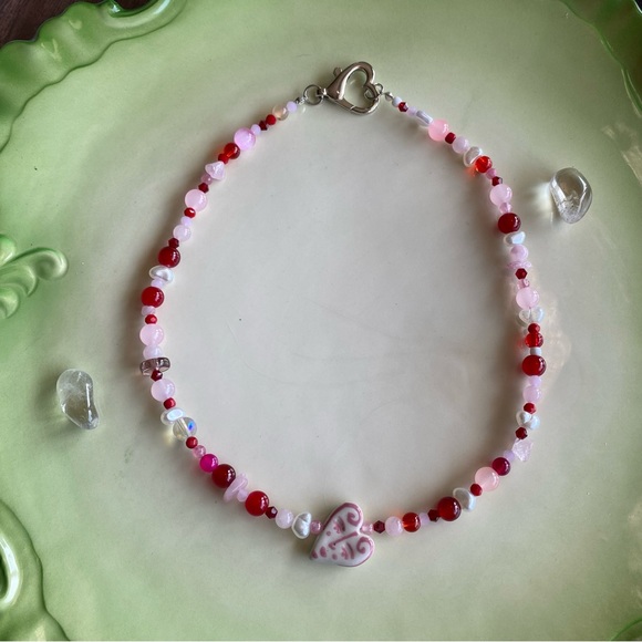 True Love Pink Red & White Beaded Necklace Ceramic Heart Face Pendant Pearl - Picture 7 of 13